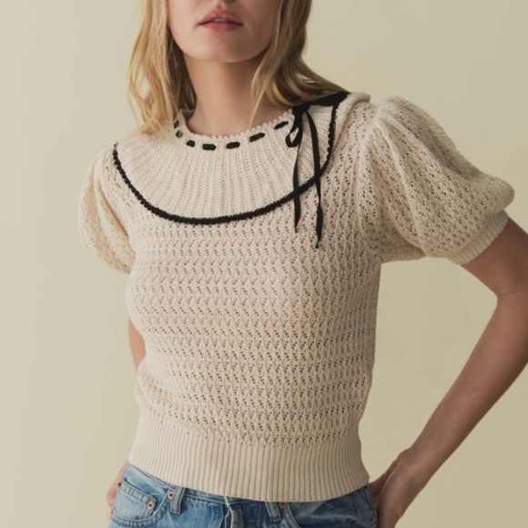 Doen Sweaters - Doen Glenda Pima Cotton Ribbon Bow Short Sleeve Knit Sweater Top Cream Black